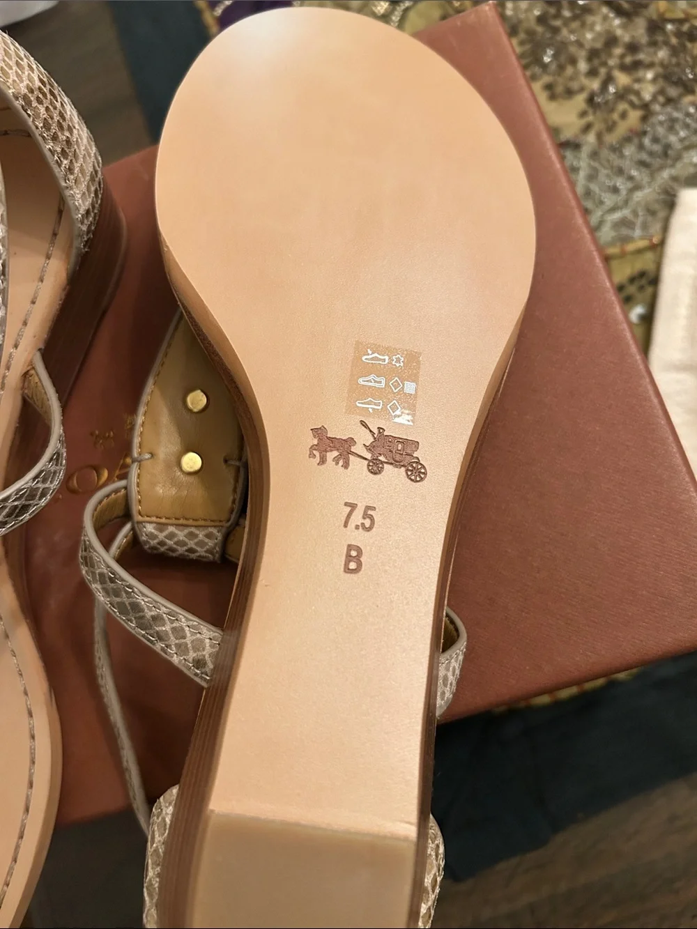 COACH Taupe Snake-Print T-Strap Sandals with Gold Turnlock